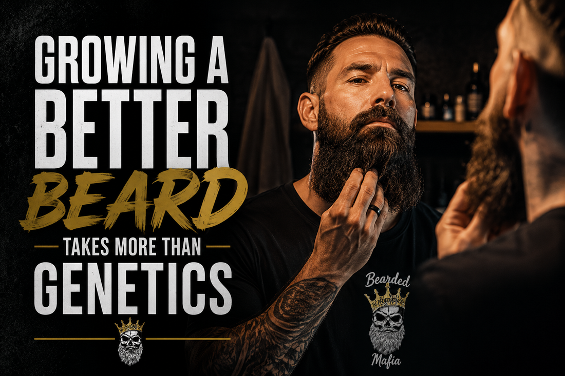 Man grooming his beard in front of a mirror with text reading “Growing A Better Beard Takes More Than Genetics”