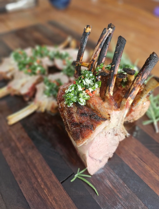 Charcoal lamb rack served with fresh homemade chimichurri