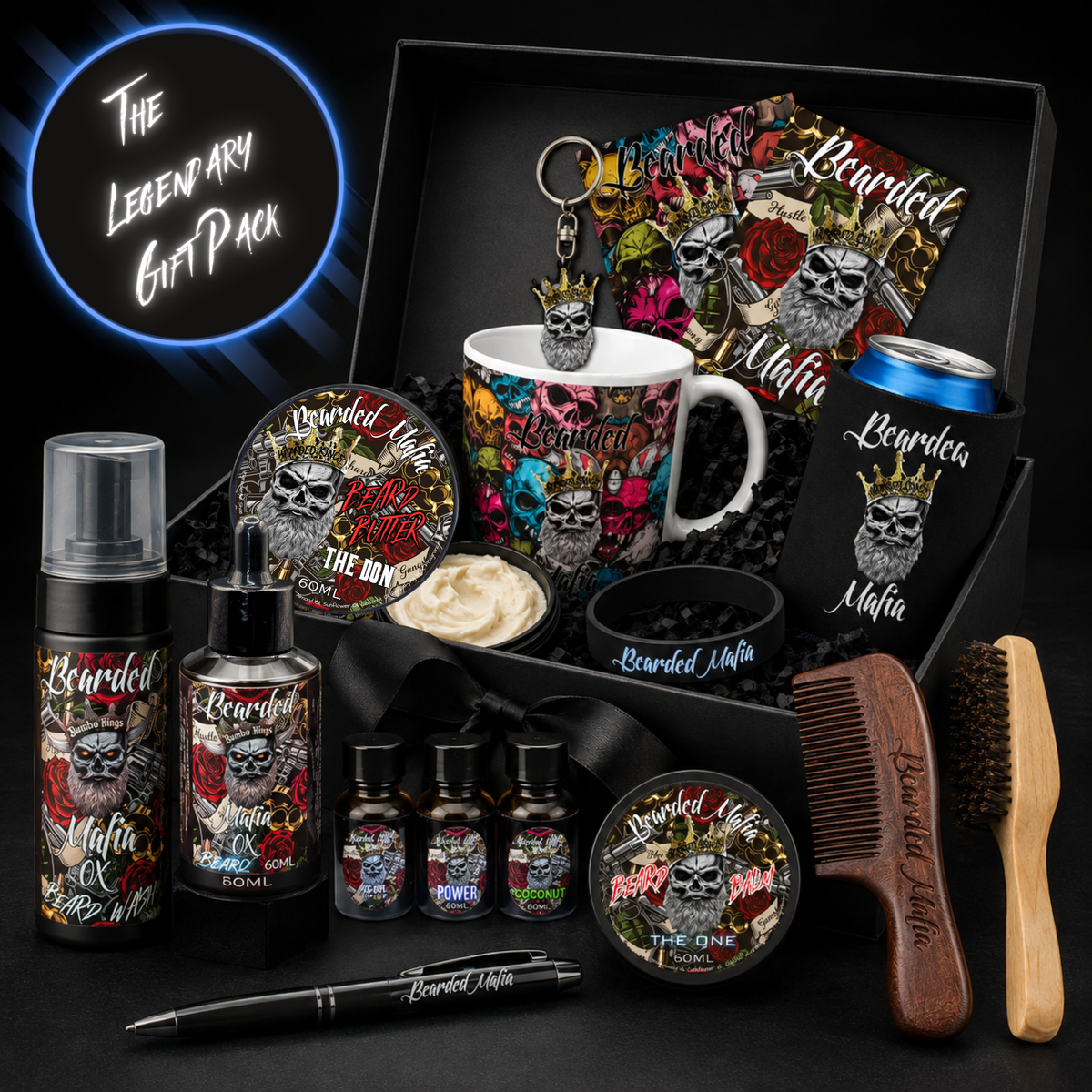 Bearded Mafia Legendary Gift Pack with beard wash, beard oil, beard butter, beard balm, grooming accessories and branded extras.