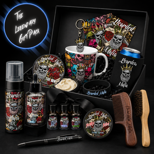 Bearded Mafia Legendary Gift Pack with beard wash, beard oil, beard butter, beard balm, grooming accessories and branded extras.