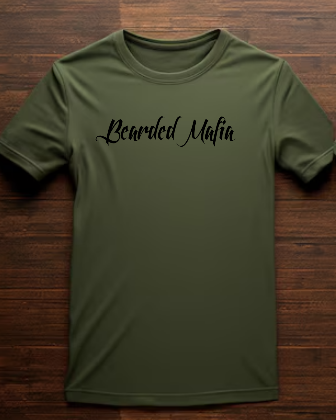 Military green Bearded Mafia T-shirt with black script logo, made from 100% combed cotton.