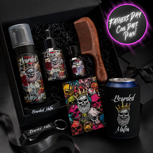 Bearded Mafia Cool Dads Pack featuring beard care products and branded accessories in a Father’s Day gift box display