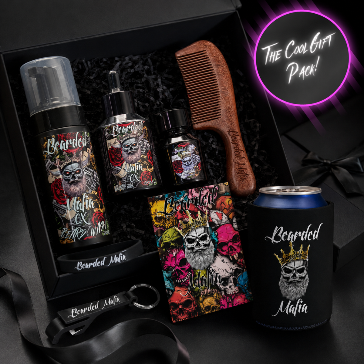 Bearded Mafia Cool Gift Pack with beard care products, grooming essentials and branded accessories.