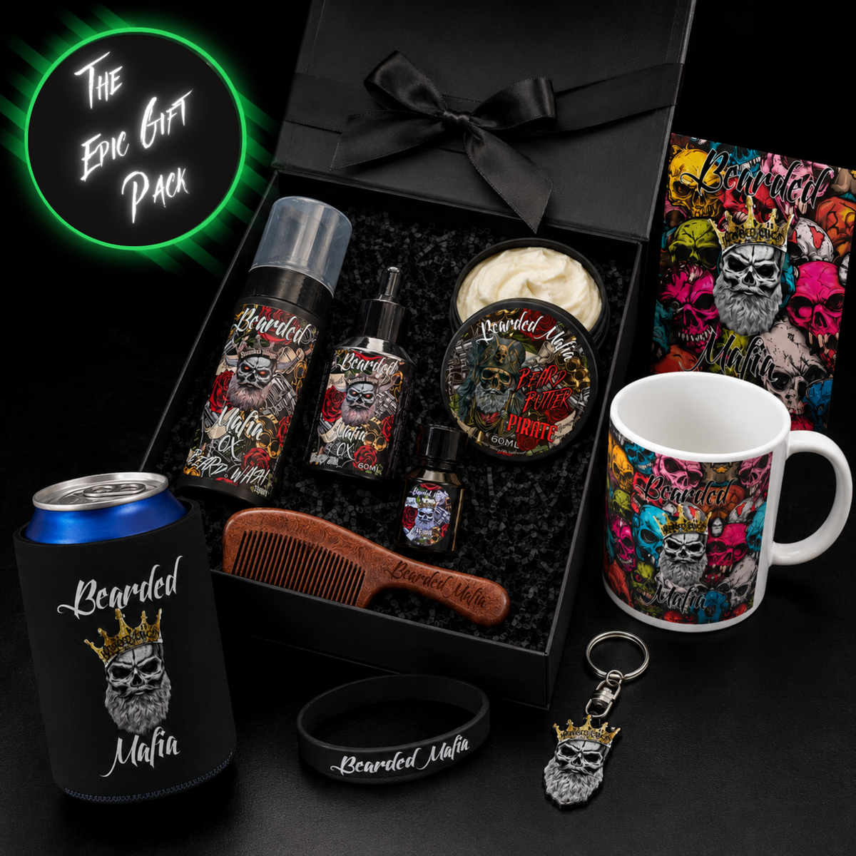Bearded Mafia Epic Gift Pack with beard wash, beard oil, beard balm or butter, grooming comb and branded accessories.