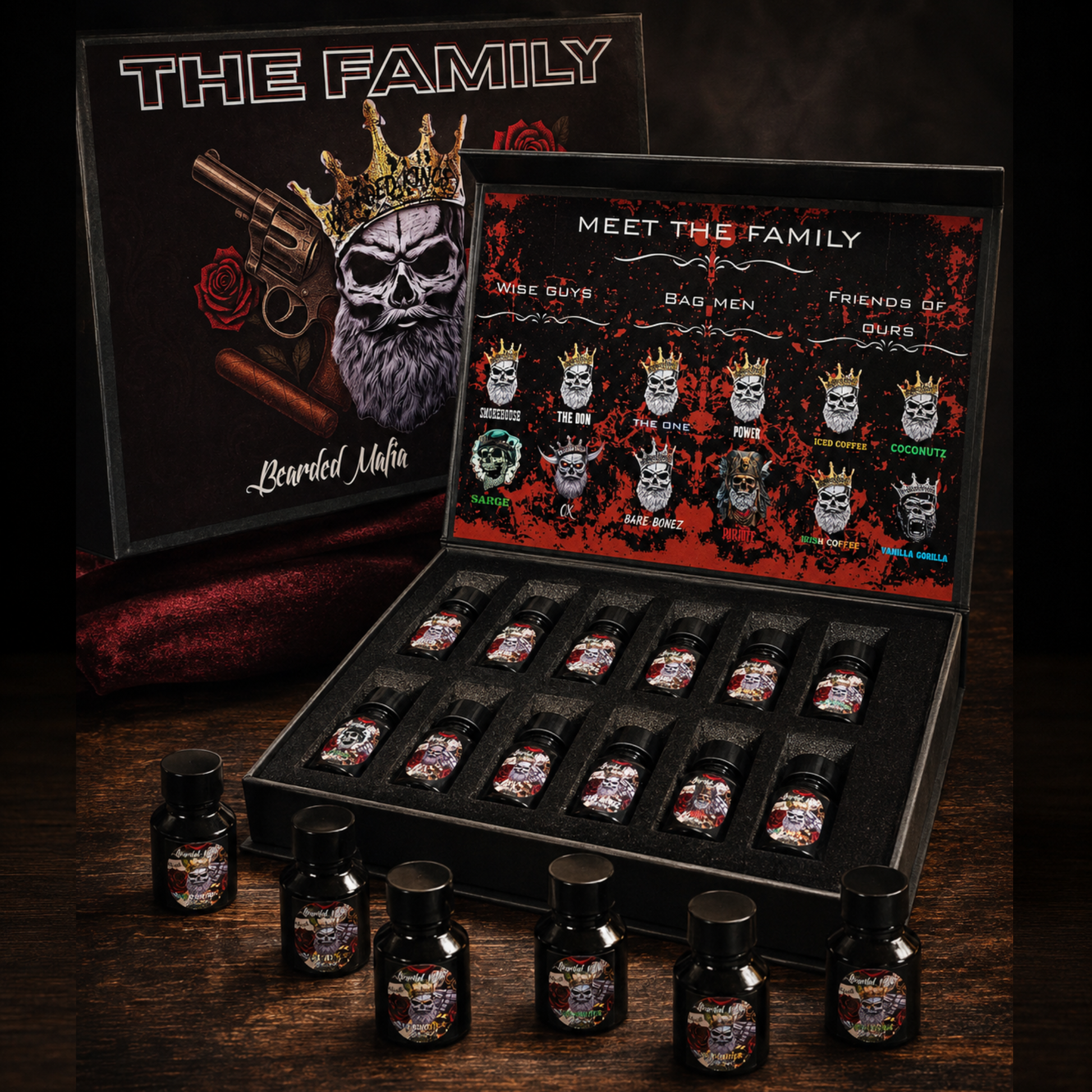 Bearded Mafia Family sample beard oil gift box with 12 miniature beard oils in assorted scents