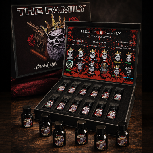 Bearded Mafia Family sample beard oil gift box with 12 miniature beard oils in assorted scents