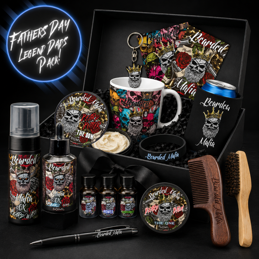 Bearded Mafia Legend Dads Pack with a complete range of beard care products, grooming tools and branded Father’s Day accessories